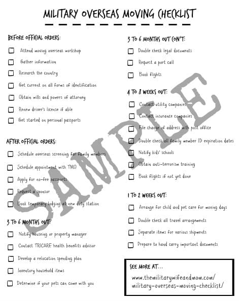 Military Overseas Moving Checklist Sample