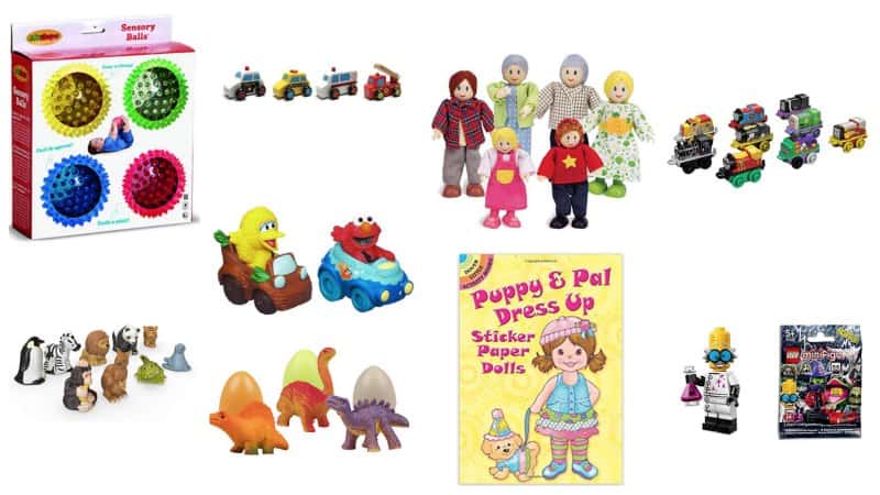 Collage of stocking stuffers like small dolls, construction toys, sesame street toys, dinosaurs, paper doll book