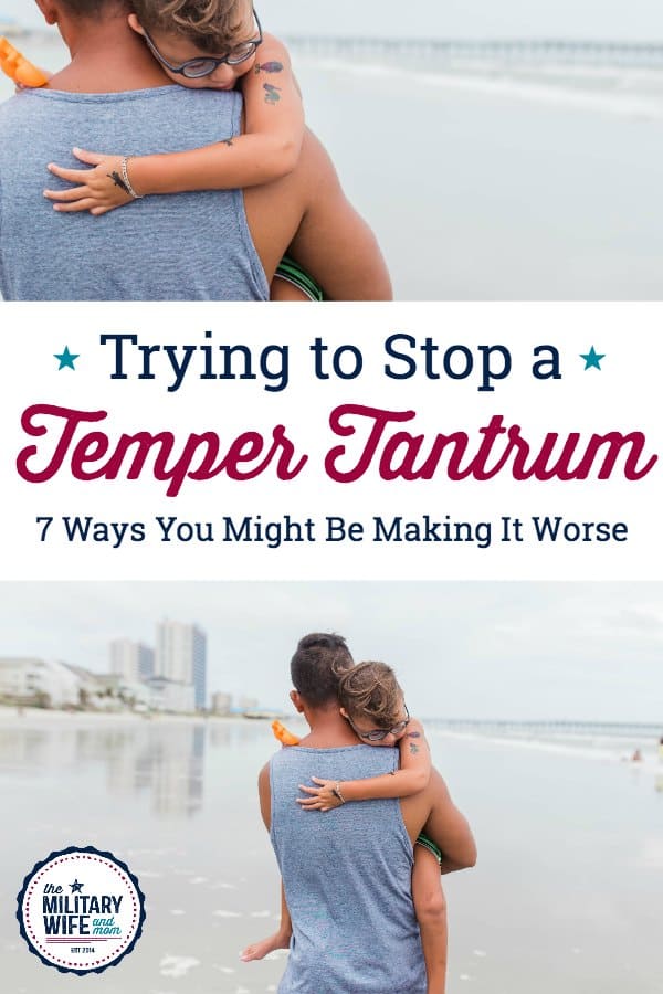 Learn seven ways you might be making things worse when trying to stop a temper tantrum. Plus, discover two important words to tame a temper tantrum. #stoptempertantrum #toddlertantrum #tempertantrum #bigemotions #raisingtoddlers #positiveparenting #parentingtoddlers