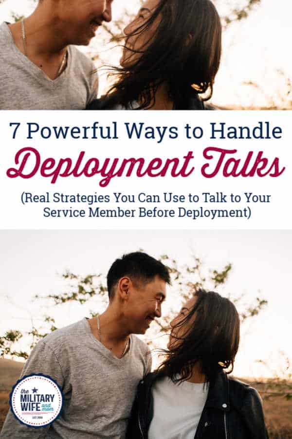 couple smiling and looking at each other during deployment talk