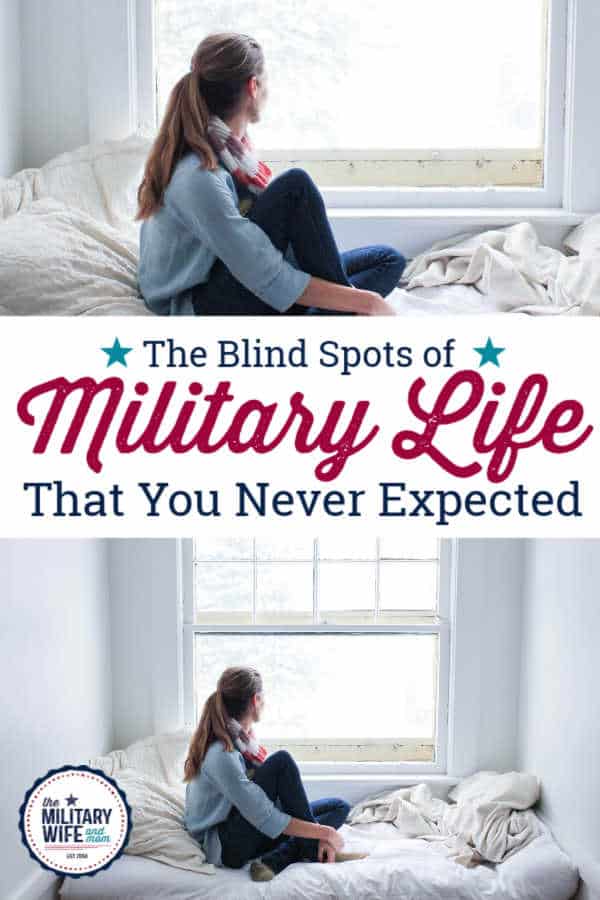 A woman sitting on a bed next to a window. Text reads: the blind spots of military life that you never expected. 