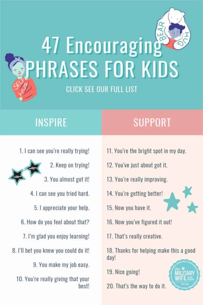 Encouraging phrases for kids - list of 47 phrases.