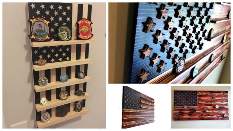 Collage of challenge coin racks made to display military challenge coins. 
