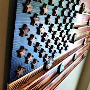 Hand carved wooden american flag for challenge coin display
