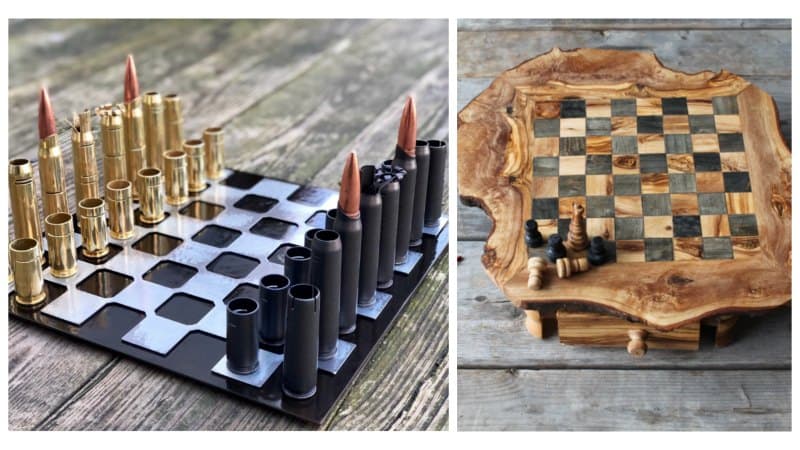 Two custom chess sets - one bullet chess set, one wooden set.