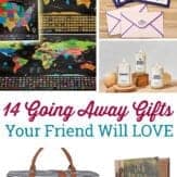 collage of going away gifts with text that reads "14 going away gifts your friend will love."