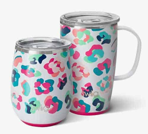 Swig life cup set (wine and coffee mug) that you can personalize. Bright blue, pink, navy, mint flower pattern for girlfriend. 