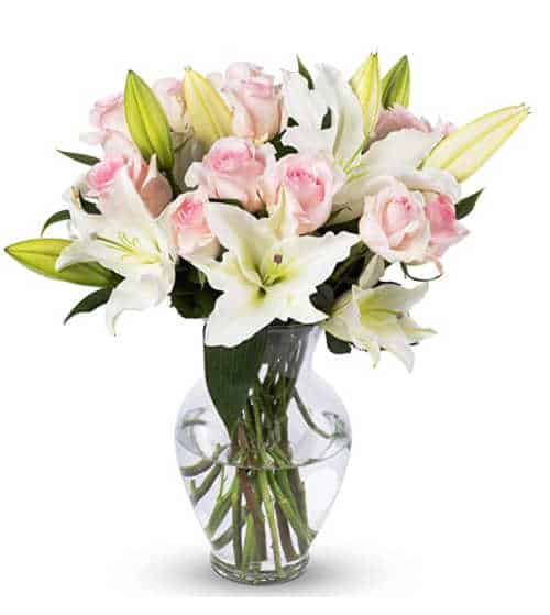 amazon best seller: Benchmark Bouquets Light Pink Roses and White Oriental Lilies, With Vase. Send fresh flowers to friend with amazon.