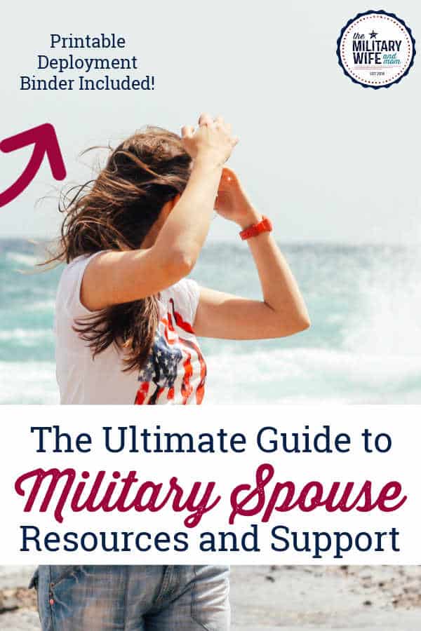 Woman on beach wearing american flag shirt. Text overlay reads: "the ultimate guide to military spouse resources and support." 
