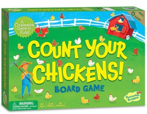 Cartoon farmer and chickens on box.