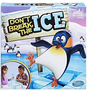 Cartoon penguin slipping on ice. 