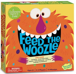Cartoon monster with "feed the woozle" in his mouth.