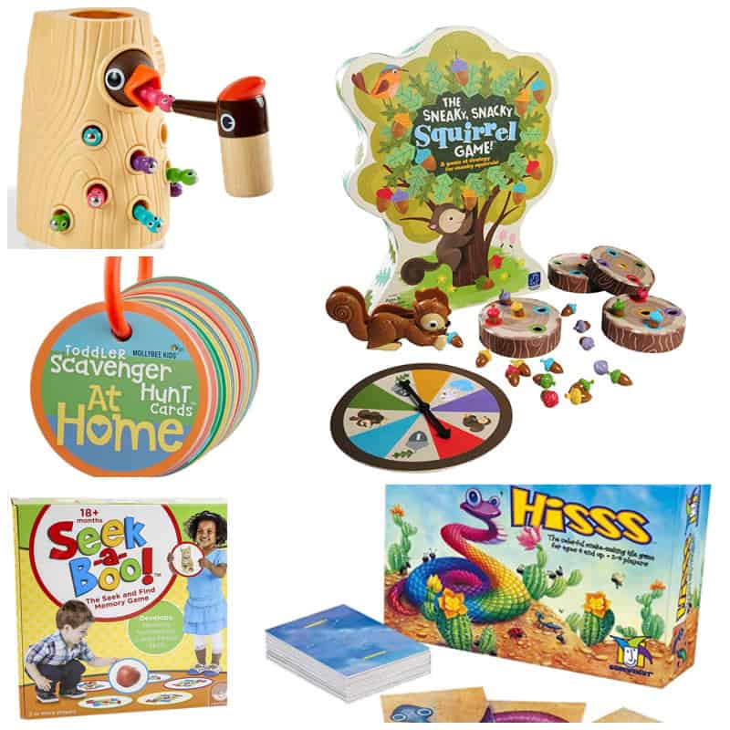 Collage of board games you can play with your 2 year old.