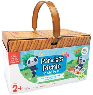 Game box as a cardboard picnic basket and cartoon pandas on it.
