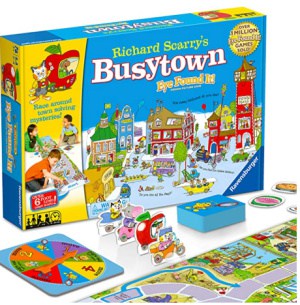 Cartoon of a busy town on box.