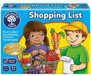 Cartoon kids with groceries and shopping cart.