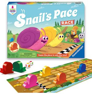 Wooden snails on game board getting to the finish line.