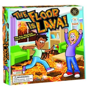 game box with cartoon of kids jumping rocks in bed of lava. 