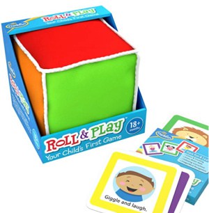 Large soft dice with a color on each size. Cards with cartoons and instruction like "giggle"