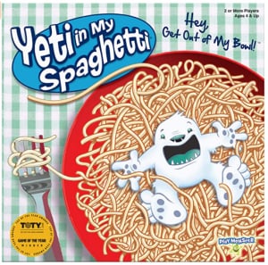 yeti figure in a bowl of pretend spaghetti
