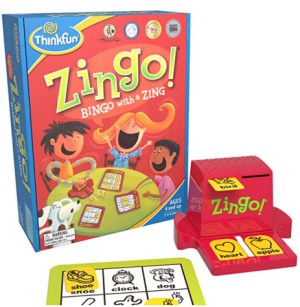 Zingo bingo card with object and sight word and plastic card dispenser.