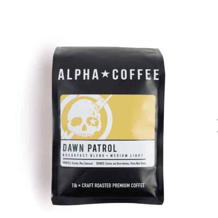 Bag of alpha coffee blend called dawn patrol.