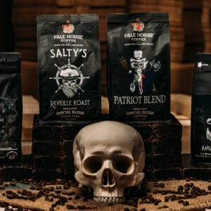 4 packages of pale horse coffee with skull in front