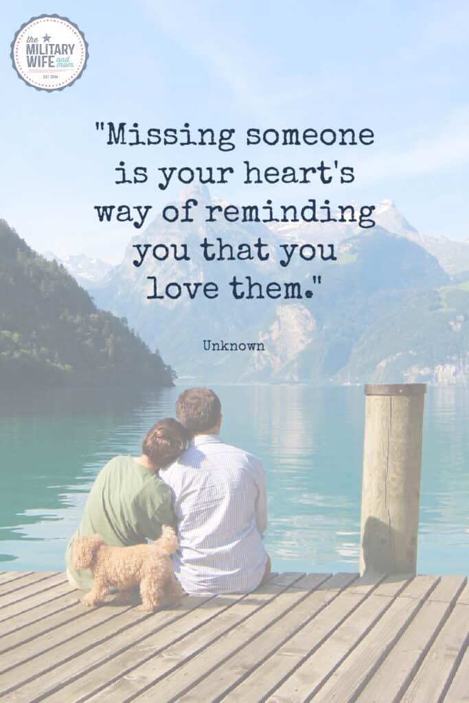 Couple sitting on pier looking out to lake and mountains with quote overlay of photo.