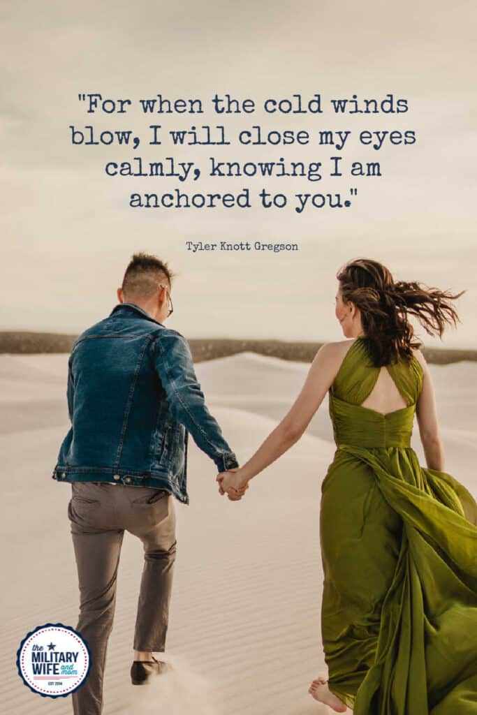 Couple holding hands and running on the beach with quote overlay. 