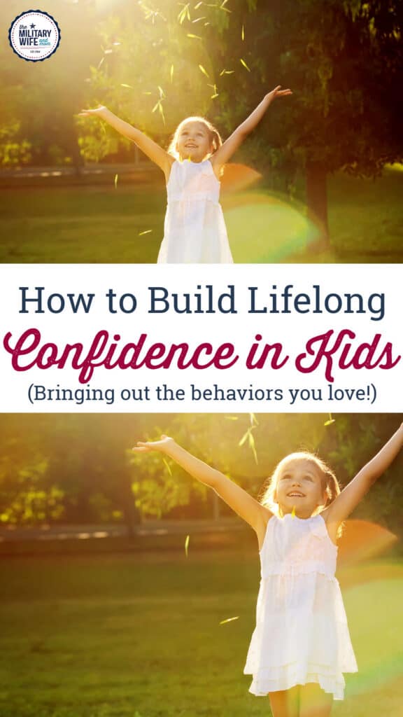 Child throwing leaves in the air. Text overlay reads:"How to build lifelong confidence in kids. Bringing out the behaviors you love." 